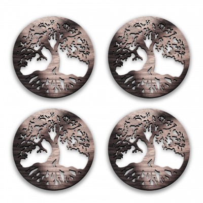 Tree of Life 4-Pcs Set - 3 in 1 Multifunction Gift – Coasters, Candle Holders, Hanging Ornaments - Solid Walnut Wood 6mm - Made in Canada